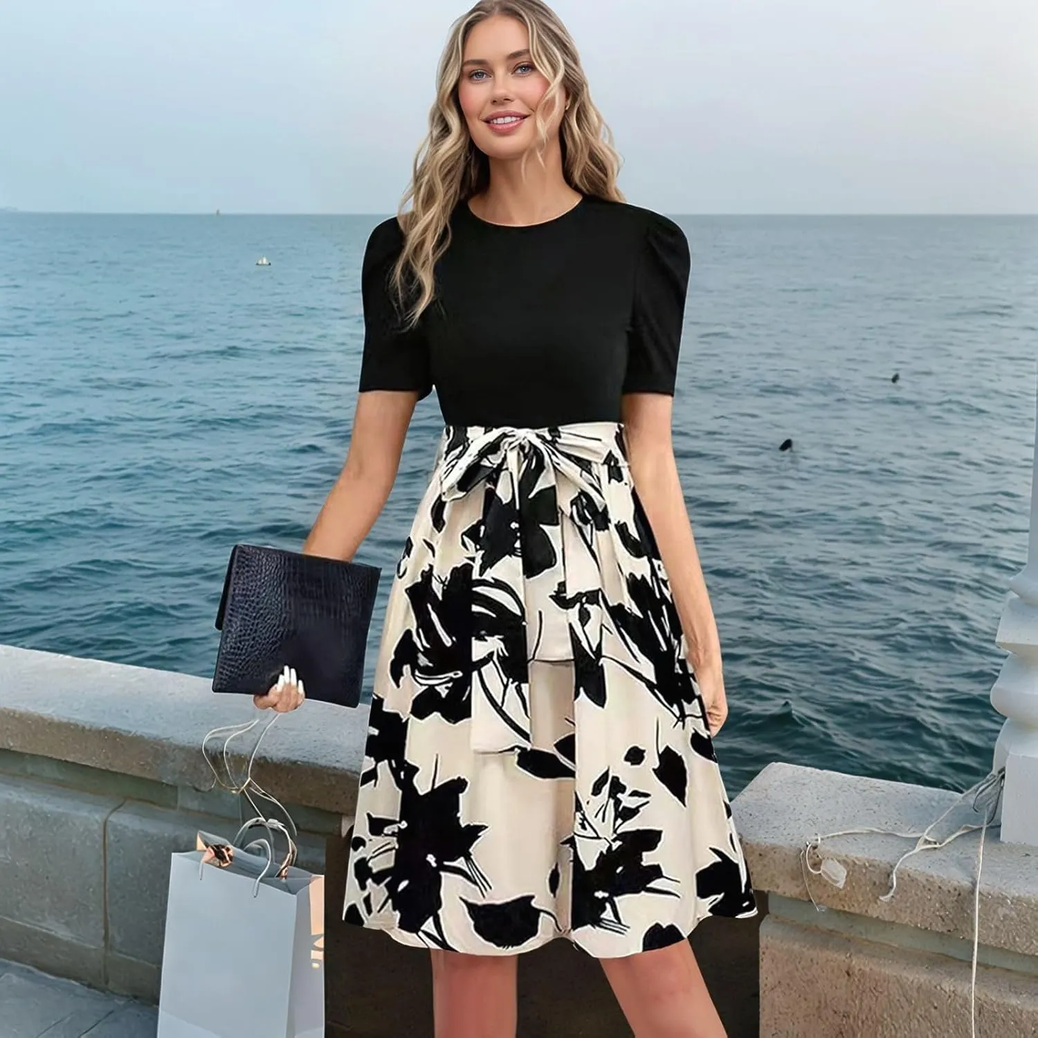ADHOWBEW Womens Dresses Waist Tie Floral Print Round Neck Short Sleeve Graduation Sexy Beach Casual Dresses