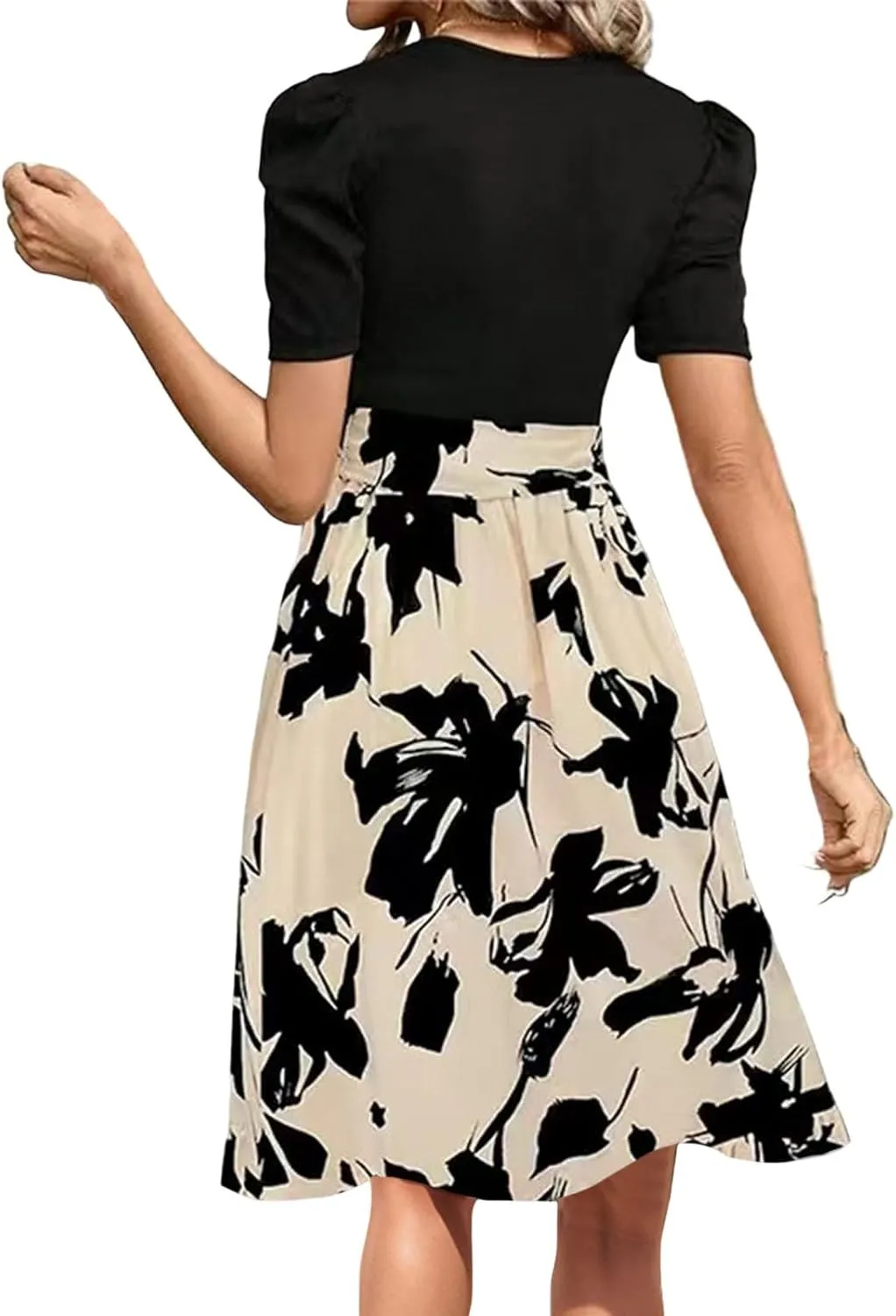 ADHOWBEW Womens Dresses Waist Tie Floral Print Round Neck Short Sleeve Graduation Sexy Beach Casual Dresses