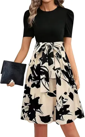 ADHOWBEW Womens Dresses Waist Tie Floral Print Round Neck Short Sleeve Graduation Sexy Beach Casual Dresses