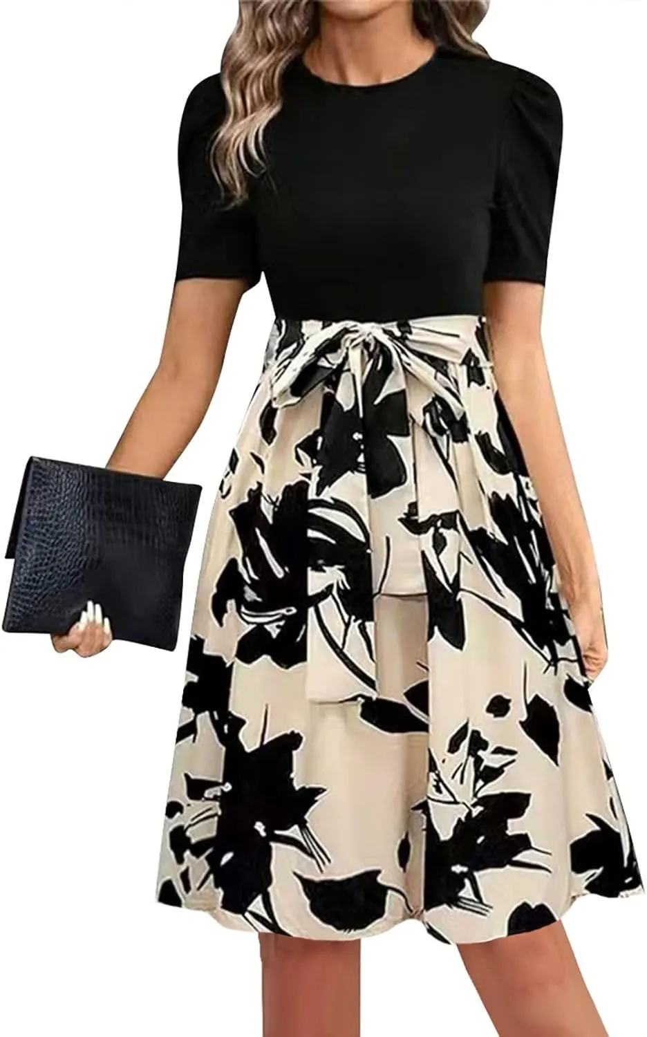 ADHOWBEW Womens Dresses Waist Tie Floral Print Round Neck Short Sleeve Graduation Sexy Beach Casual Dresses