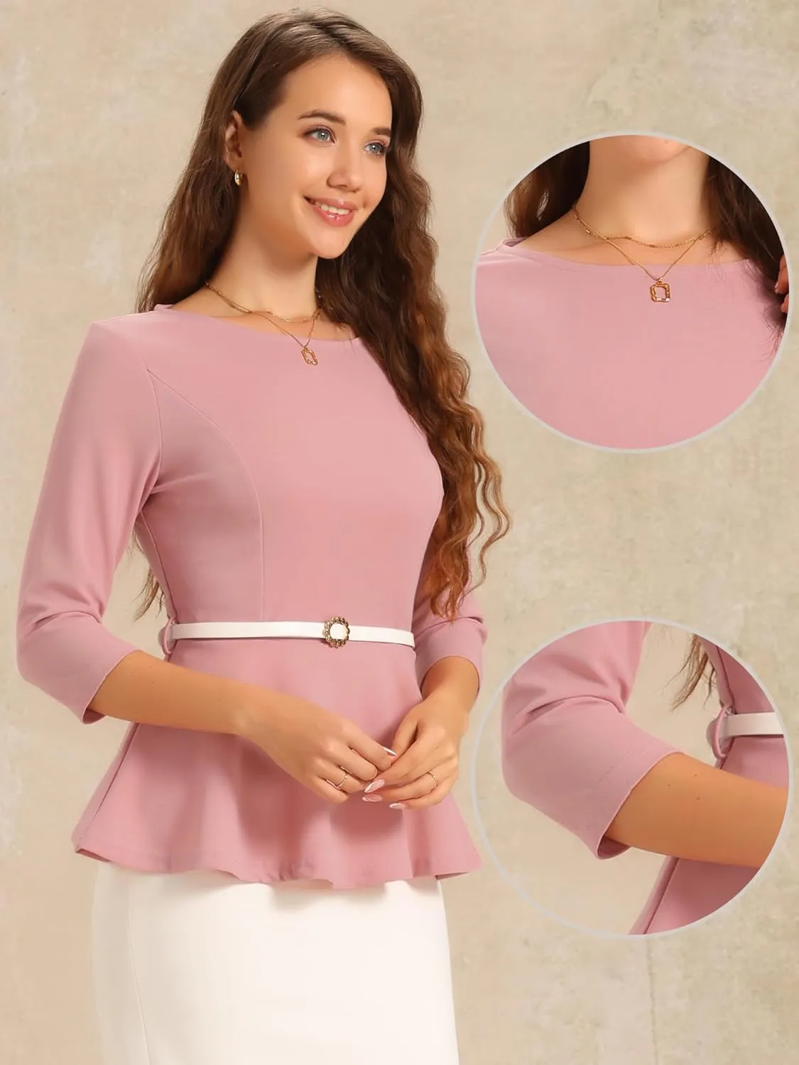 Allegra K Peplum Tops for Women's 3/4 Sleeve Teacher Belted Elegant Business Work Blouse