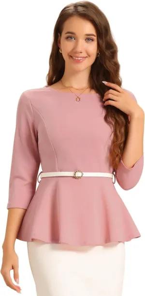 Allegra K Peplum Tops for Women's 3/4 Sleeve Teacher Belted Elegant Business Work Blouse