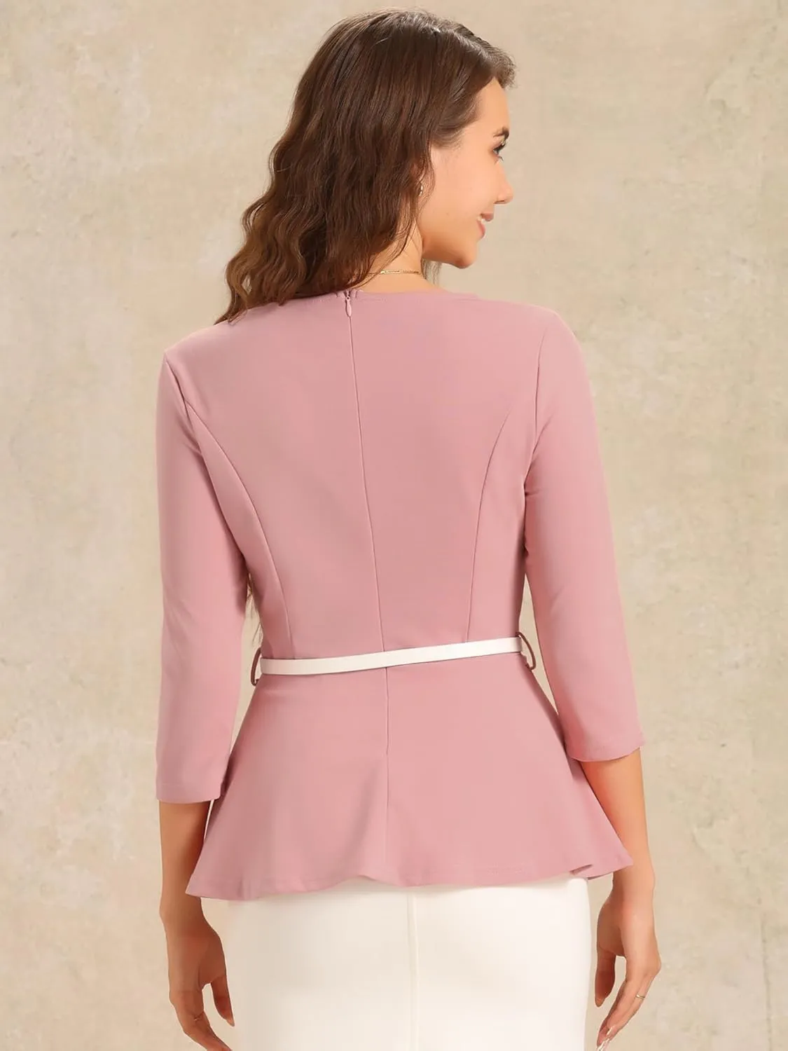 Allegra K Peplum Tops for Women's 3/4 Sleeve Teacher Belted Elegant Business Work Blouse