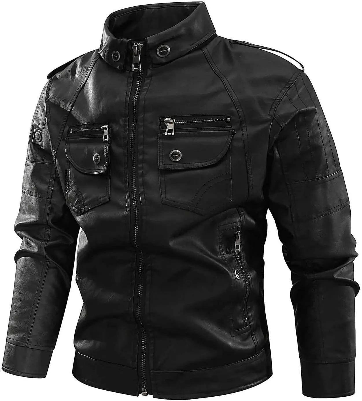 Dgoopd Men Leather Jacket Stand Collar Moto Jacket Vintage Motorcycle Jacket Zip up Faux Leather Jacket Casual Biker Jacket
