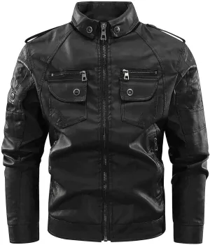 Dgoopd Men Leather Jacket Stand Collar Moto Jacket Vintage Motorcycle Jacket Zip up Faux Leather Jacket Casual Biker Jacket