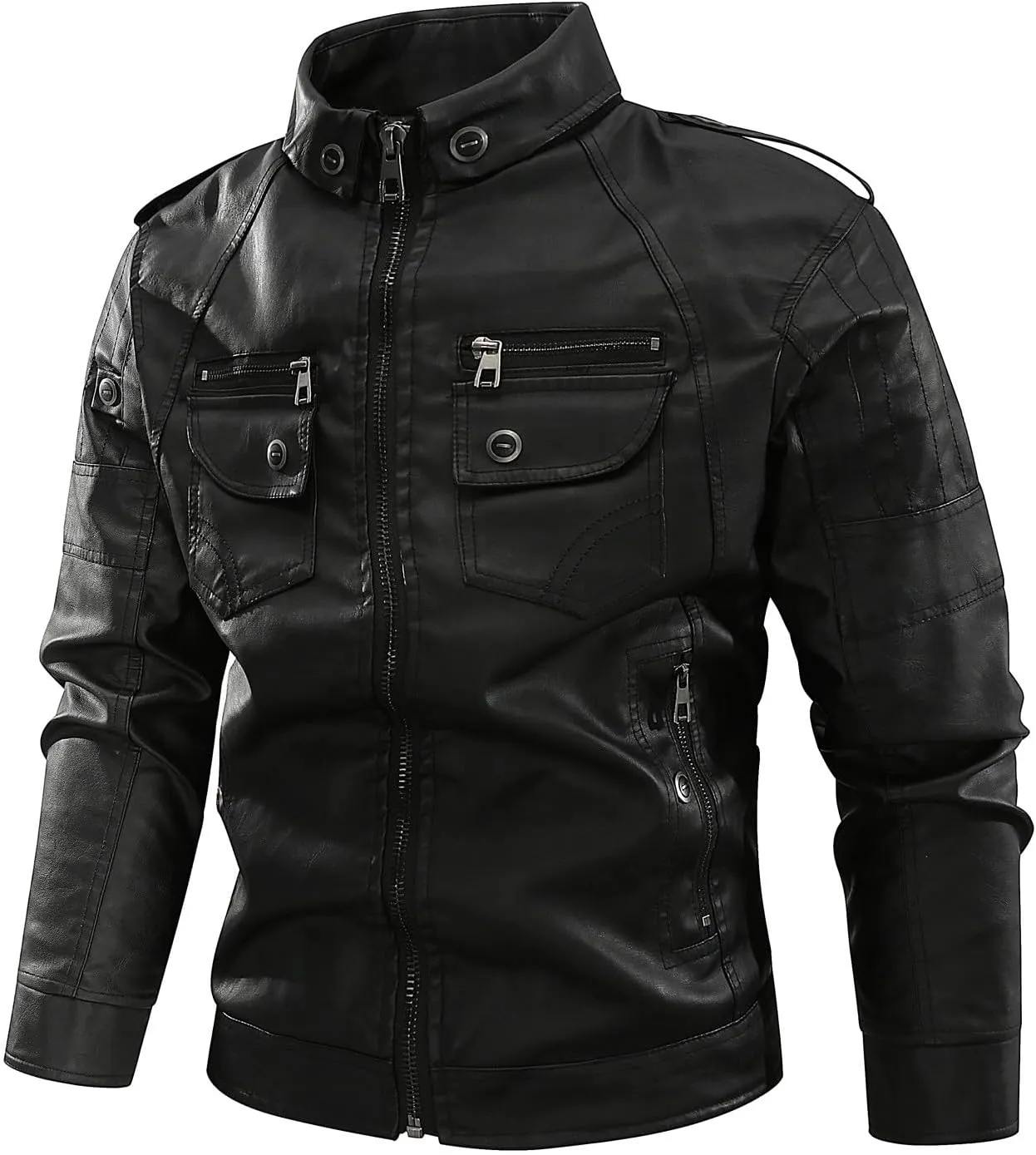 Dgoopd Men Leather Jacket Stand Collar Moto Jacket Vintage Motorcycle Jacket Zip up Faux Leather Jacket Casual Biker Jacket