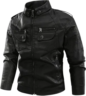 Dgoopd Men Leather Jacket Stand Collar Moto Jacket Vintage Motorcycle Jacket Zip up Faux Leather Jacket Casual Biker Jacket