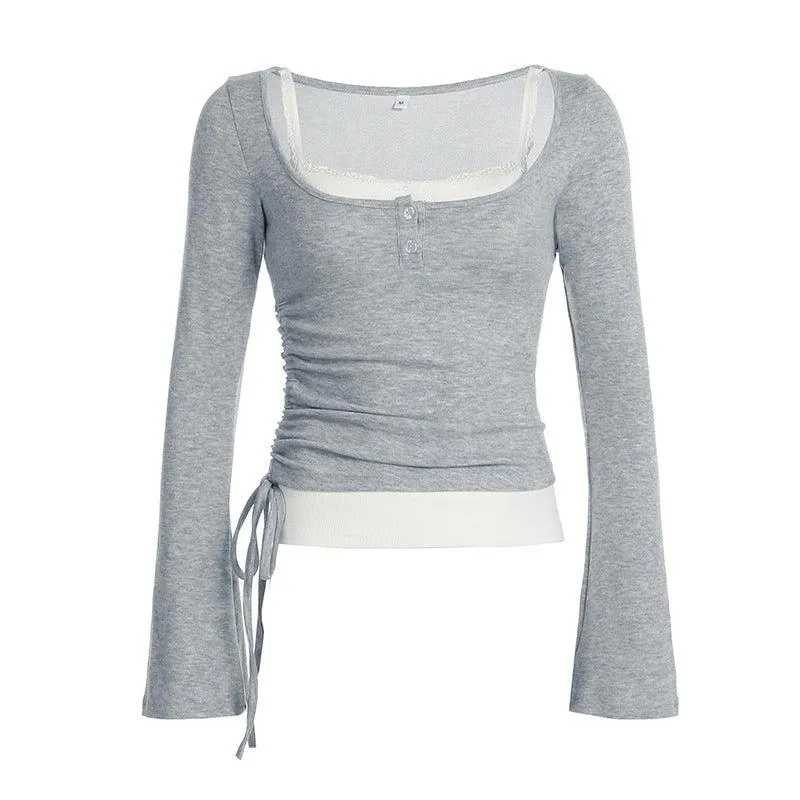 Double Layer Ruched Side Long Sleeve Top