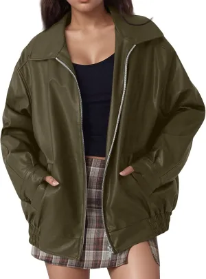 Faux Leather Jacket Women Oversized Zipper Casual Coats Trendy Motocycle Fall Jackets 2024 Trendy Clothes With Pockets