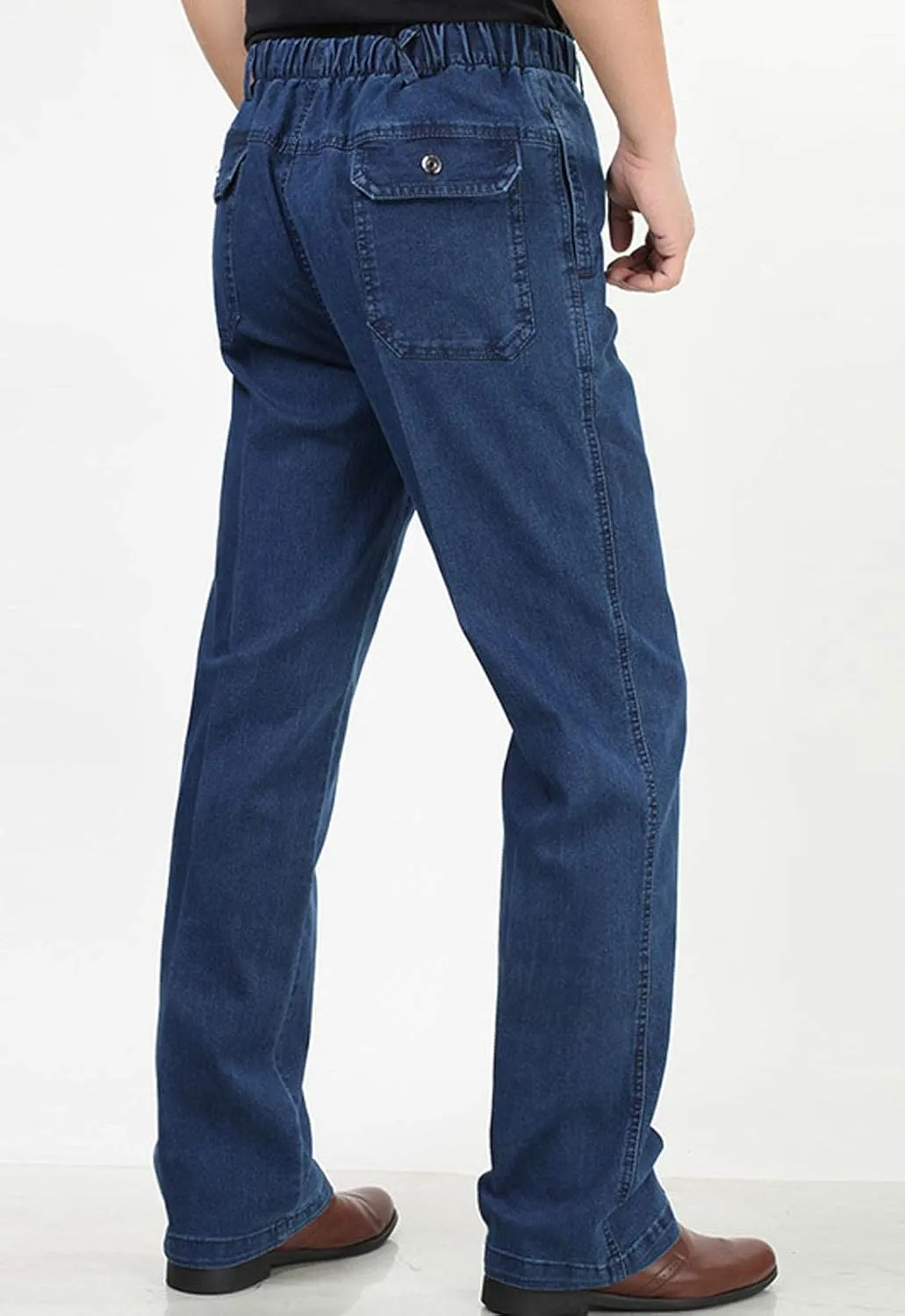 Flygo Men's Casual Elastic Waist Relaxed Straight Fit Carpenter Jeans Denim Pants