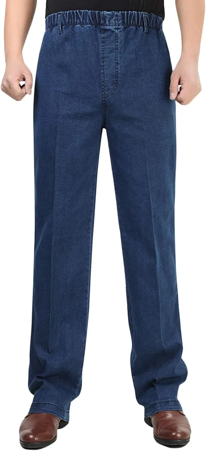 Flygo Men's Casual Elastic Waist Relaxed Straight Fit Carpenter Jeans Denim Pants
