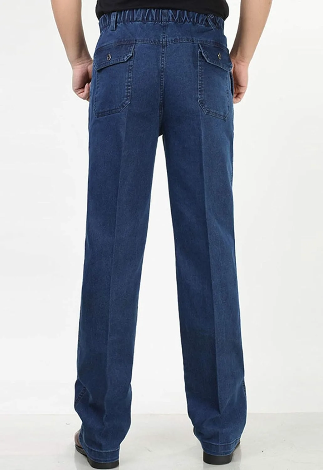 Flygo Men's Casual Elastic Waist Relaxed Straight Fit Carpenter Jeans Denim Pants