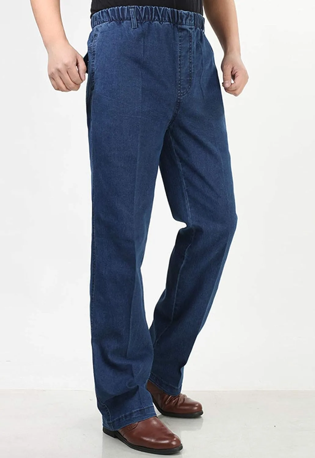 Flygo Men's Casual Elastic Waist Relaxed Straight Fit Carpenter Jeans Denim Pants
