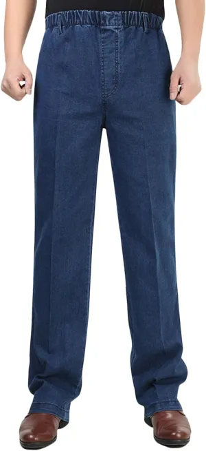 Flygo Men's Casual Elastic Waist Relaxed Straight Fit Carpenter Jeans Denim Pants