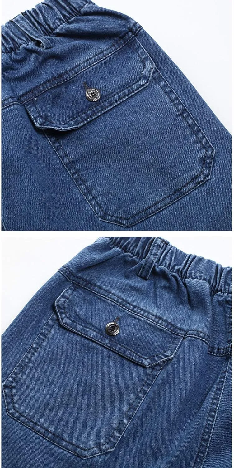 Flygo Men's Casual Elastic Waist Relaxed Straight Fit Carpenter Jeans Denim Pants