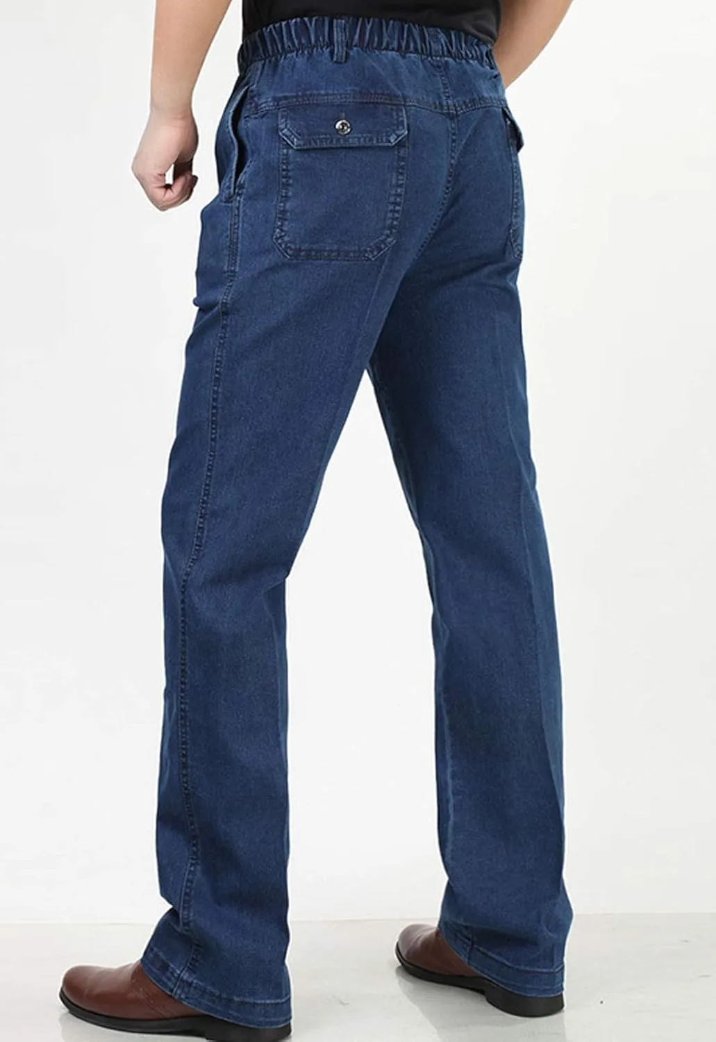 Flygo Men's Casual Elastic Waist Relaxed Straight Fit Carpenter Jeans Denim Pants