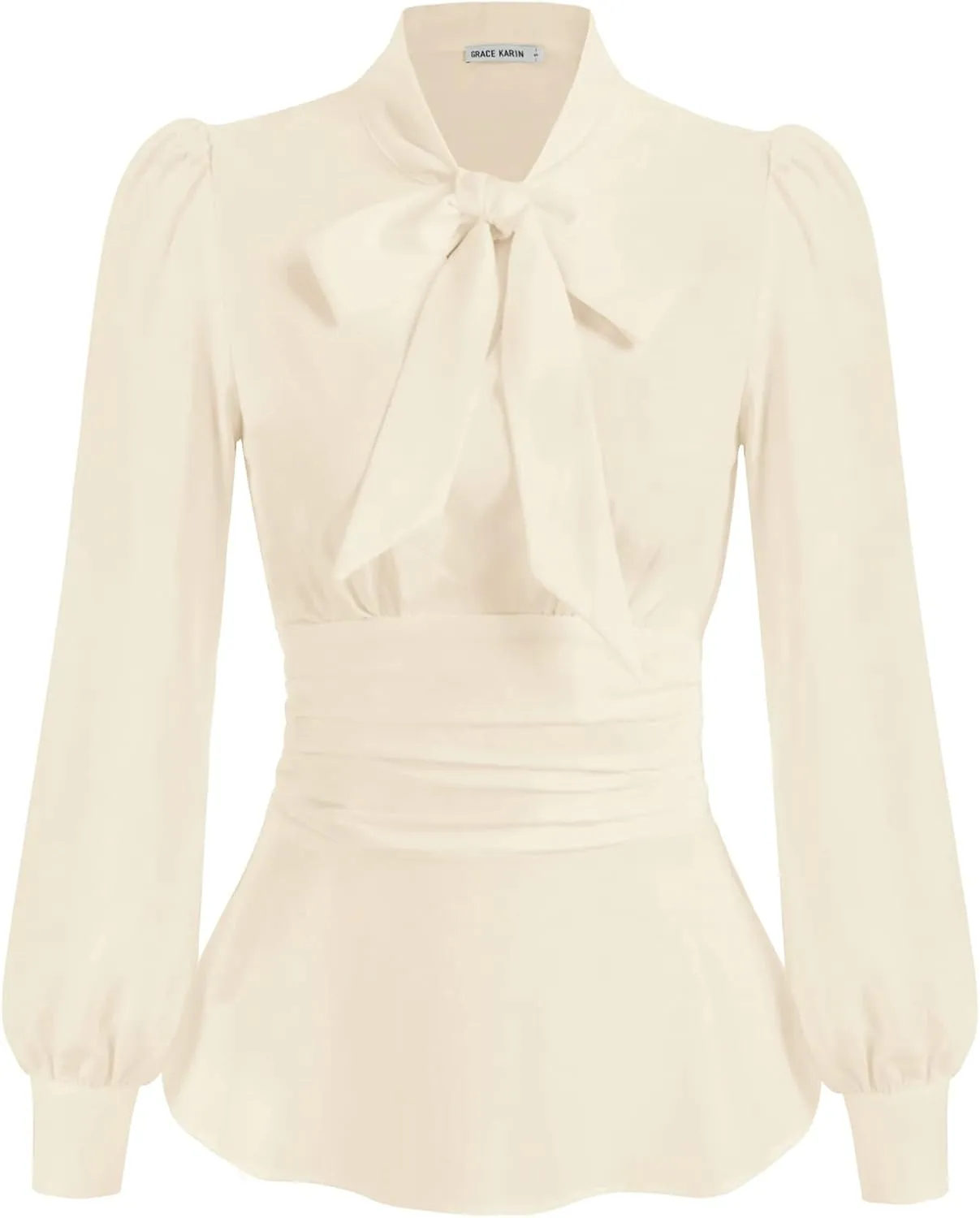 GRACE KARIN Women's 2025 Long Sleeve Peplum Dressy Shirt Office Bow Tie Work Blouses Tops Smocked Waist