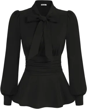 GRACE KARIN Women's 2025 Long Sleeve Peplum Dressy Shirt Office Bow Tie Work Blouses Tops Smocked Waist