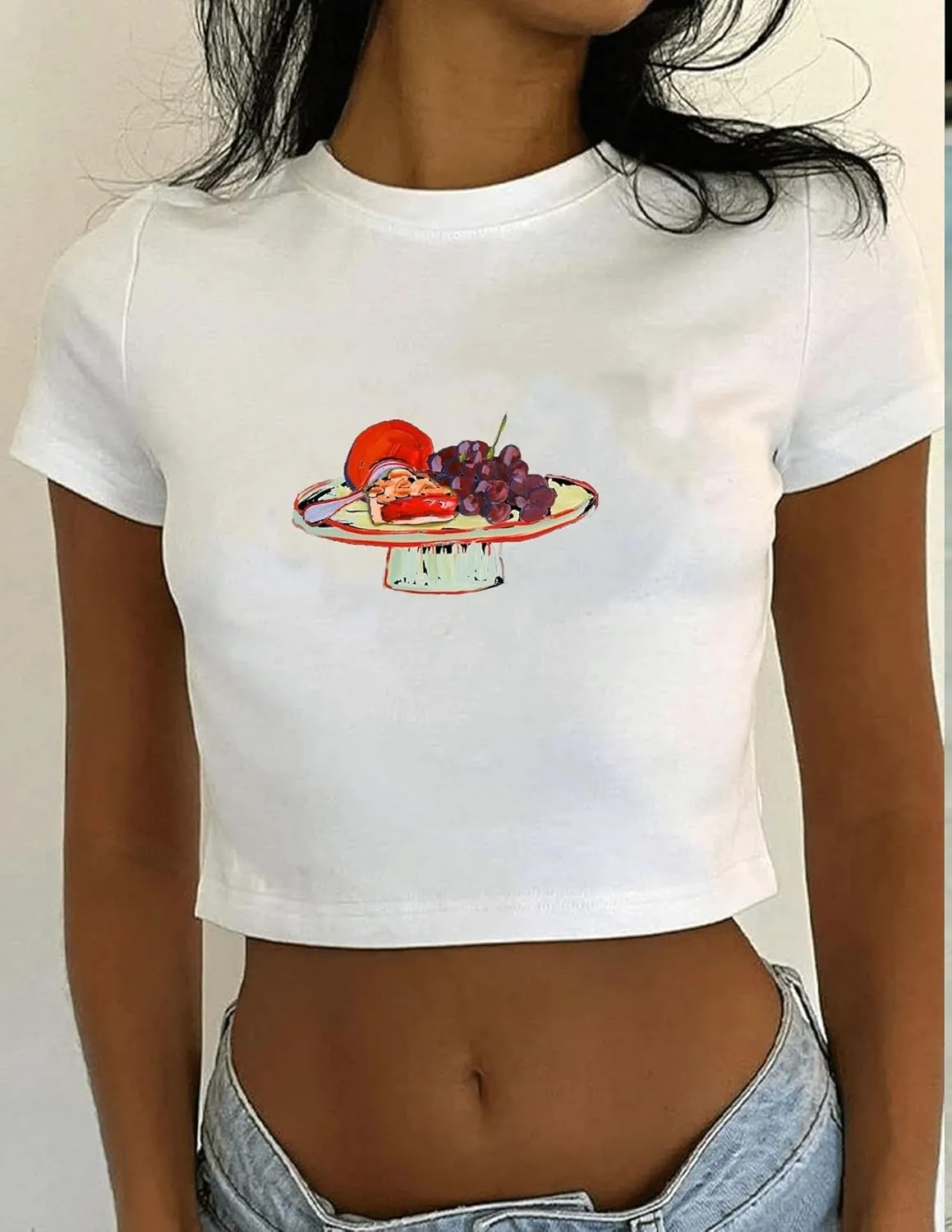 Graphic Baby Tees for Women Y2k Tops Teen Girls Fruit Print Crop Tops Coastal Summer Clothes Vintage Aesthetic T Shirt