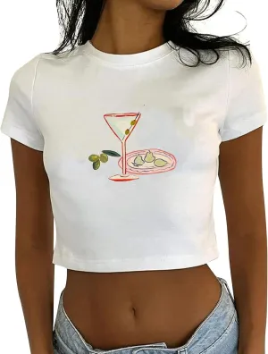 Graphic Baby Tees for Women Y2k Tops Teen Girls Fruit Print Crop Tops Coastal Summer Clothes Vintage Aesthetic T Shirt