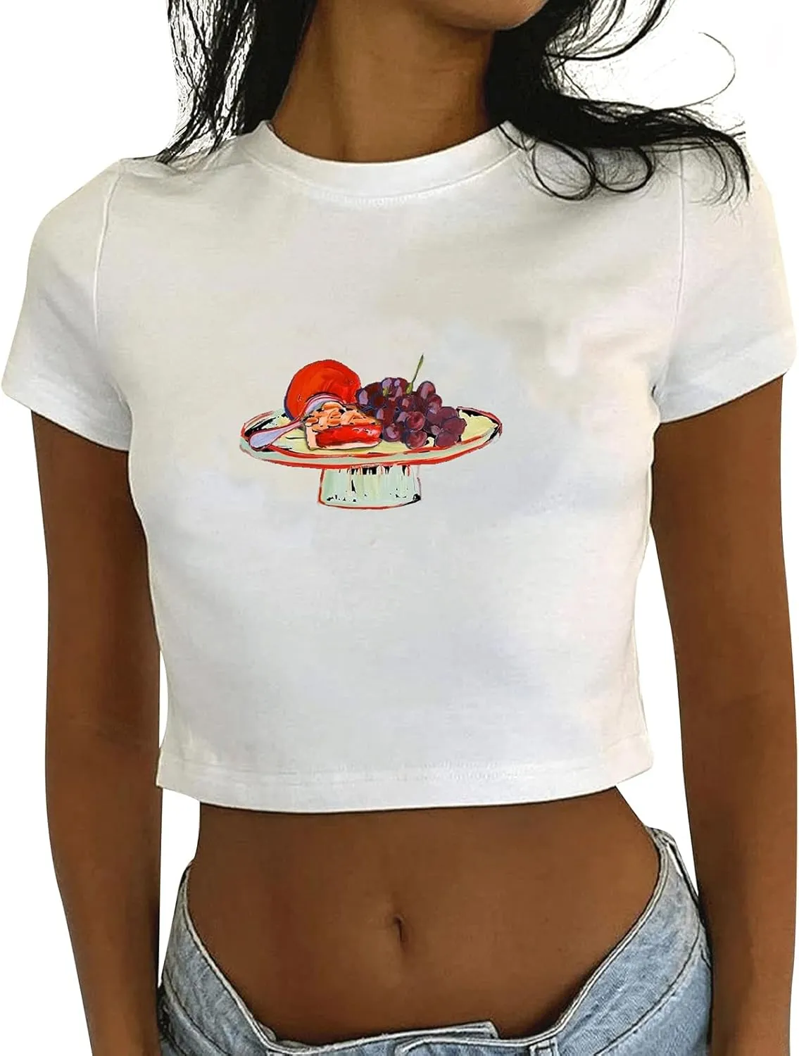 Graphic Baby Tees for Women Y2k Tops Teen Girls Fruit Print Crop Tops Coastal Summer Clothes Vintage Aesthetic T Shirt