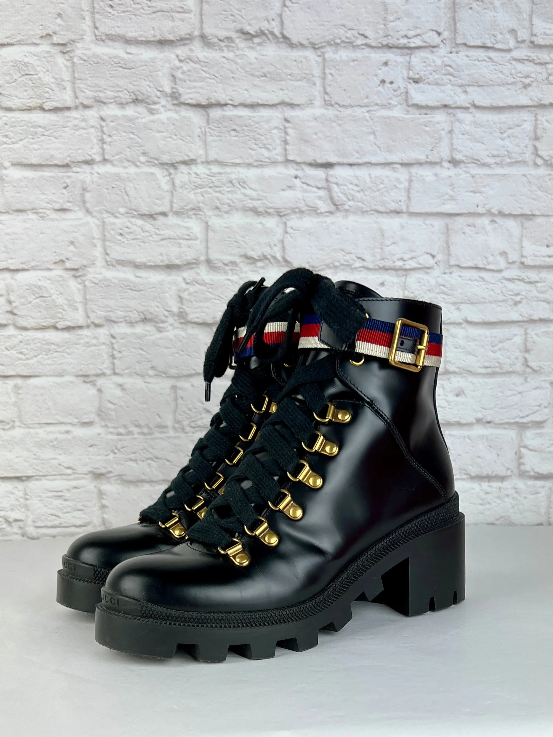 GUCCI Calfskin Sylvie Web Womens Lace Up Combat Boots, Size 36/US 6