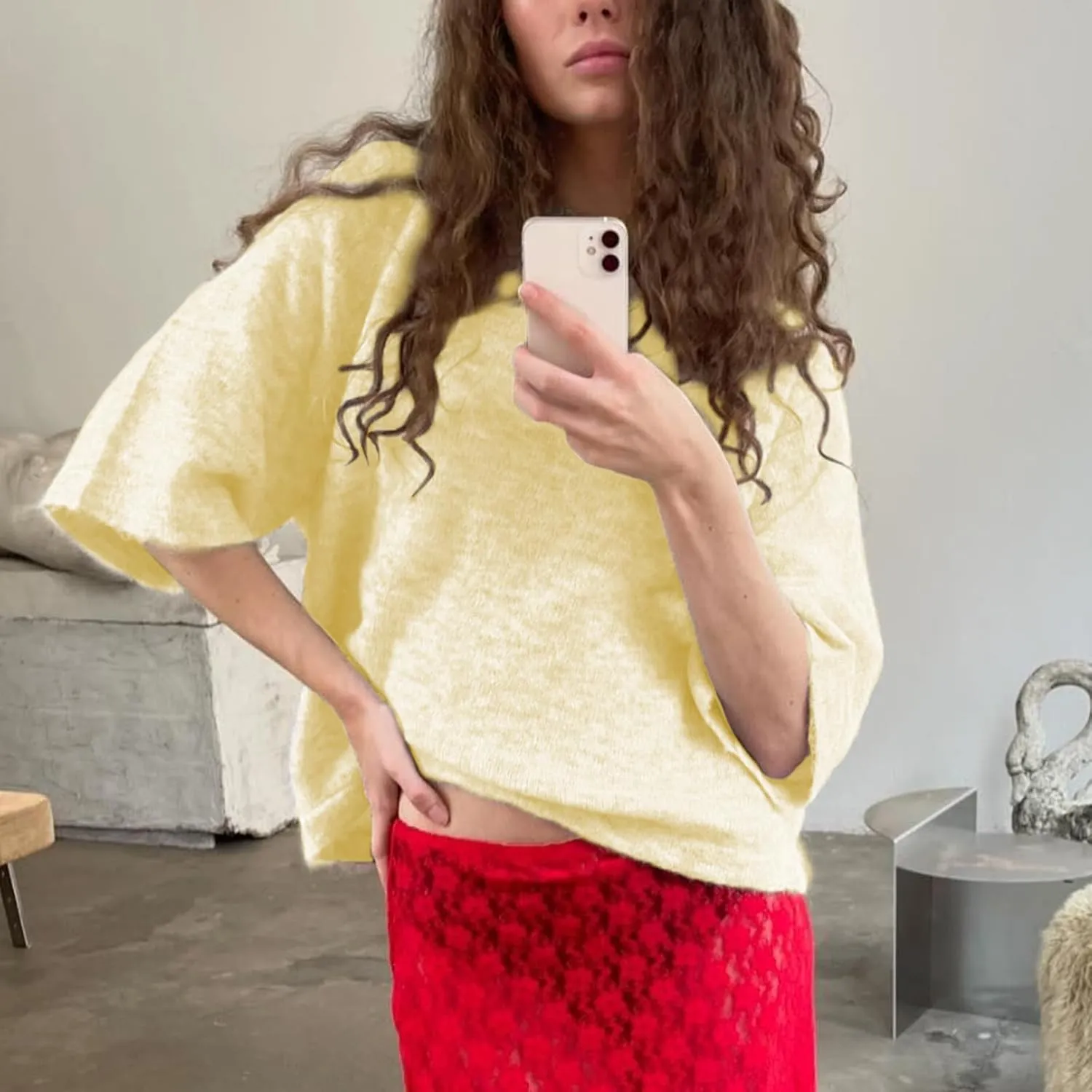 ICNGLKSND Women Half Sleeve Oversized Sweater Basic Furry Knit Shirt Boxy Cashmere Tees Fall Chunky Going Out Streetwear