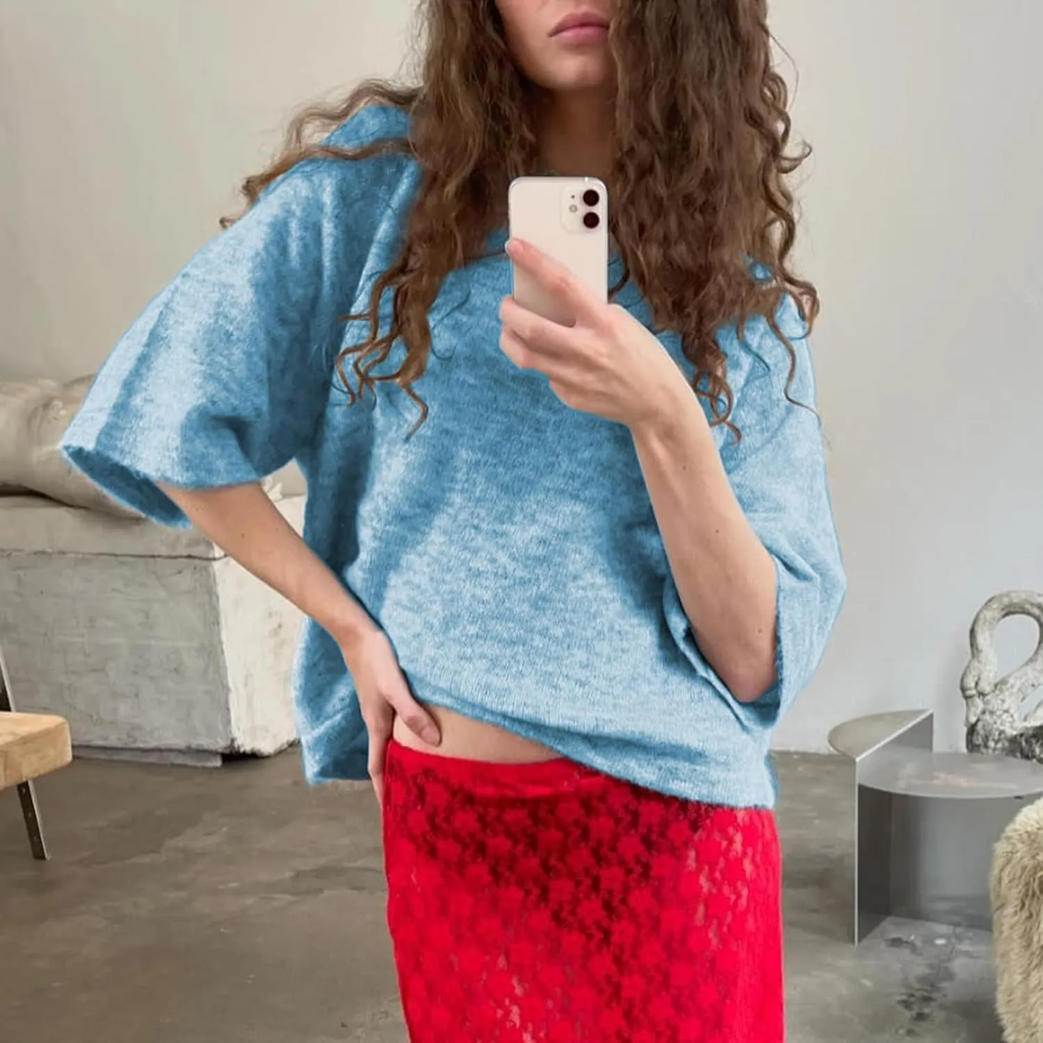 ICNGLKSND Women Half Sleeve Oversized Sweater Basic Furry Knit Shirt Boxy Cashmere Tees Fall Chunky Going Out Streetwear