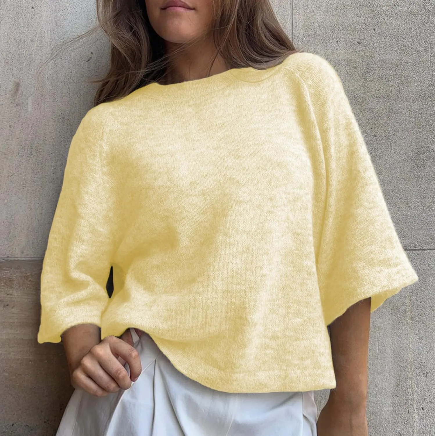 ICNGLKSND Women Half Sleeve Oversized Sweater Basic Furry Knit Shirt Boxy Cashmere Tees Fall Chunky Going Out Streetwear
