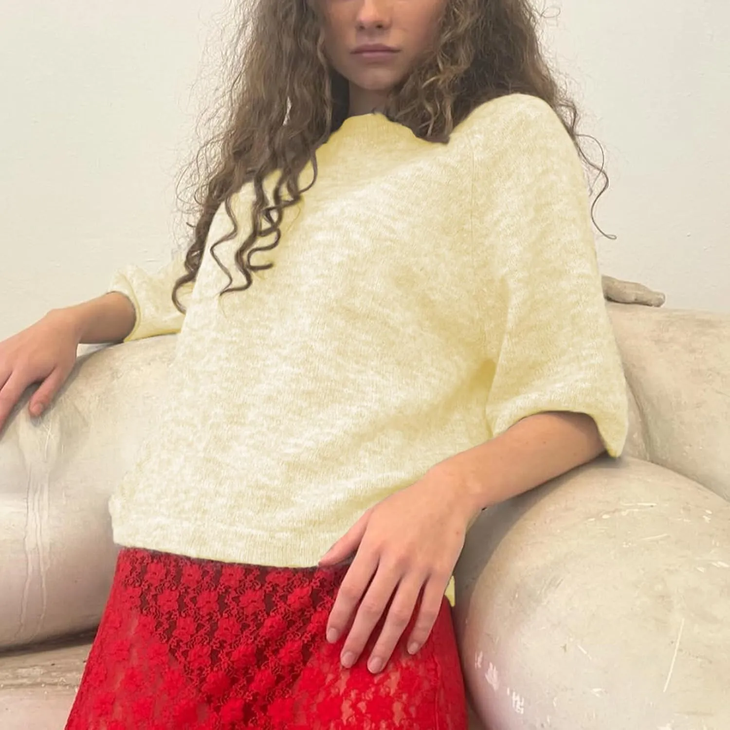 ICNGLKSND Women Half Sleeve Oversized Sweater Basic Furry Knit Shirt Boxy Cashmere Tees Fall Chunky Going Out Streetwear