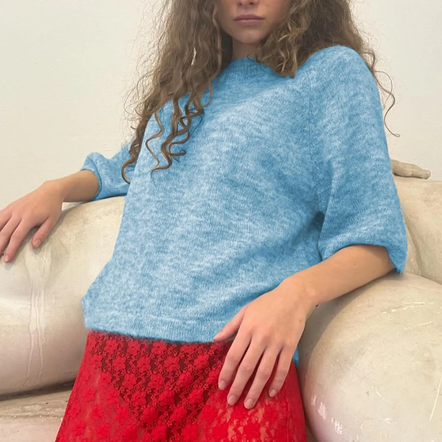 ICNGLKSND Women Half Sleeve Oversized Sweater Basic Furry Knit Shirt Boxy Cashmere Tees Fall Chunky Going Out Streetwear