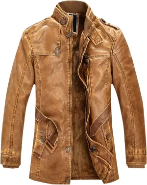 Leather Jacket with Belt Men Stand Collar Moto Jacket Slim Fit Biker Jacket Vintage Faux Leather Winter Jacket