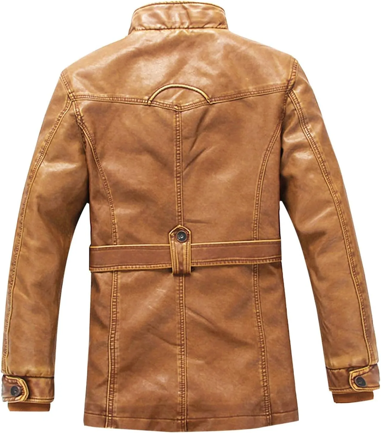 Leather Jacket with Belt Men Stand Collar Moto Jacket Slim Fit Biker Jacket Vintage Faux Leather Winter Jacket