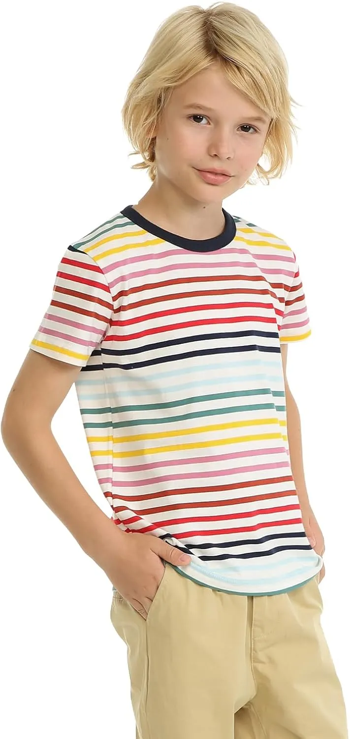LittleSpring Boys Girls T Shirt Rainbow Striped Cotton Crewneck Tees for Kids Fashion