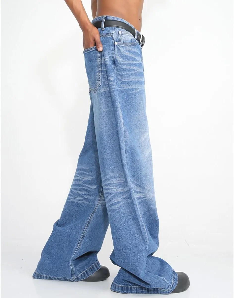 Men High Waist Blue Big and Tall Relaxed Fit Jeans Casual Stretch Straight Wide Leg Jeans