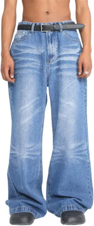 Men High Waist Blue Big and Tall Relaxed Fit Jeans Casual Stretch Straight Wide Leg Jeans