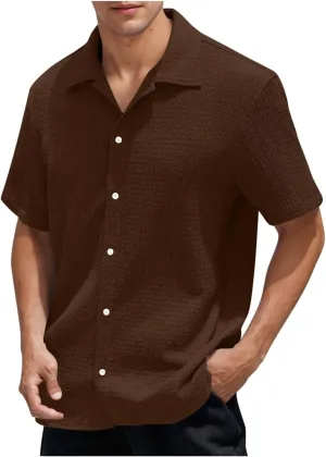 Men's Button Down Short Sleeve Shirts Dressy Casual Lapel Collar Textured Top Summer Beach Vacation Wedding Shirts