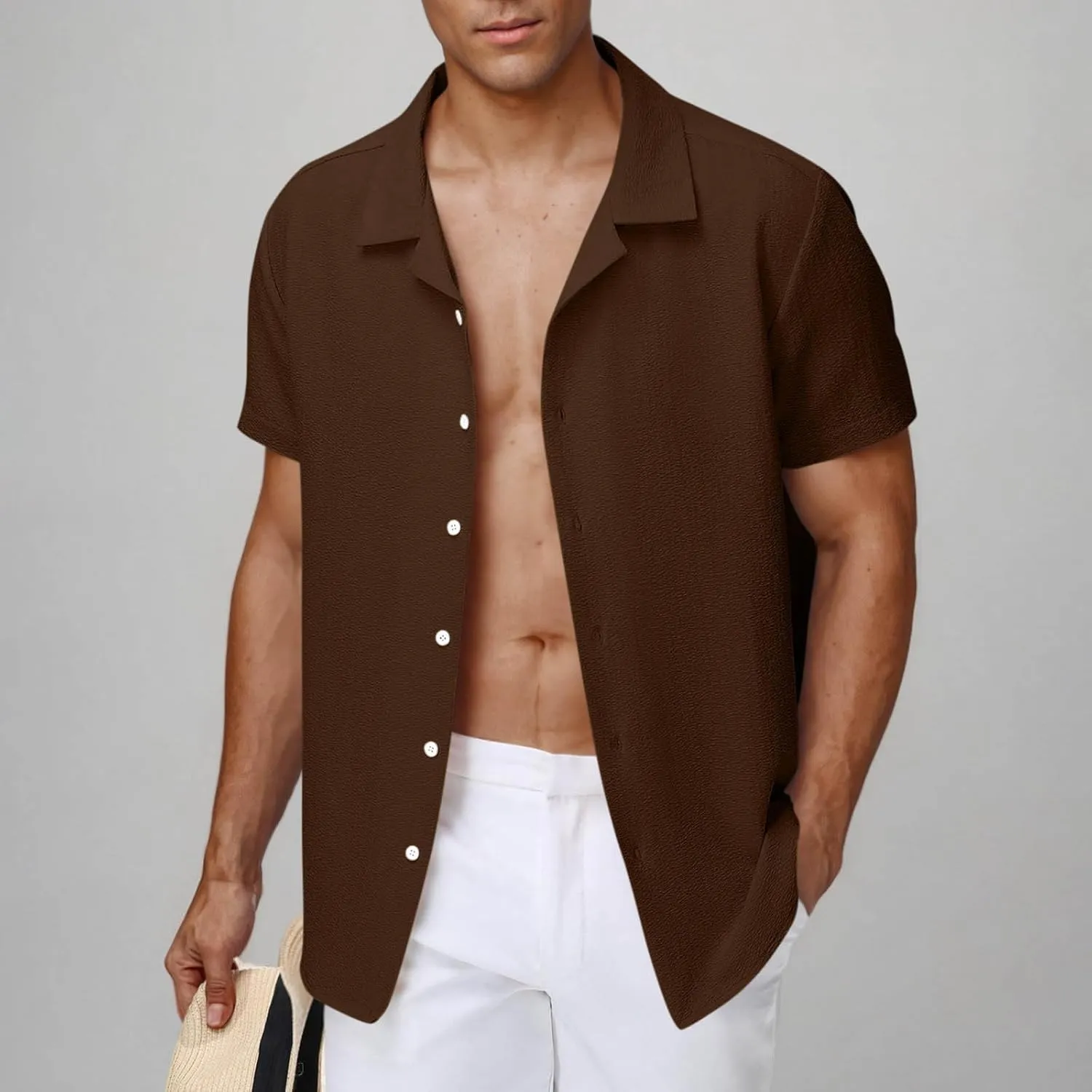 Men's Button Down Short Sleeve Shirts Dressy Casual Lapel Collar Textured Top Summer Beach Vacation Wedding Shirts
