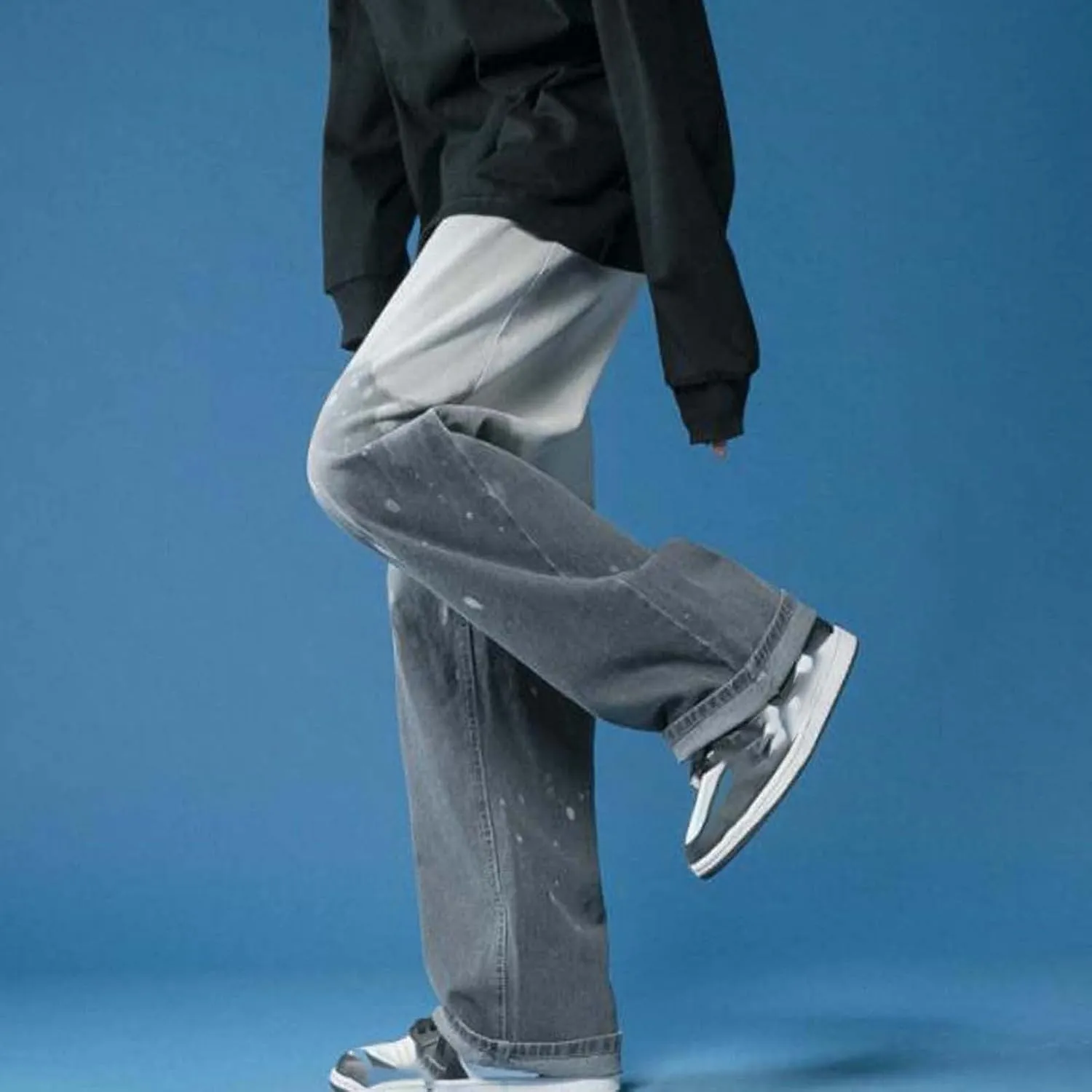 Mens Fashion Baggy Jeans Loose Fit Straight Wide Leg Denim Pants Relaxed Fit Trousers Streetwear