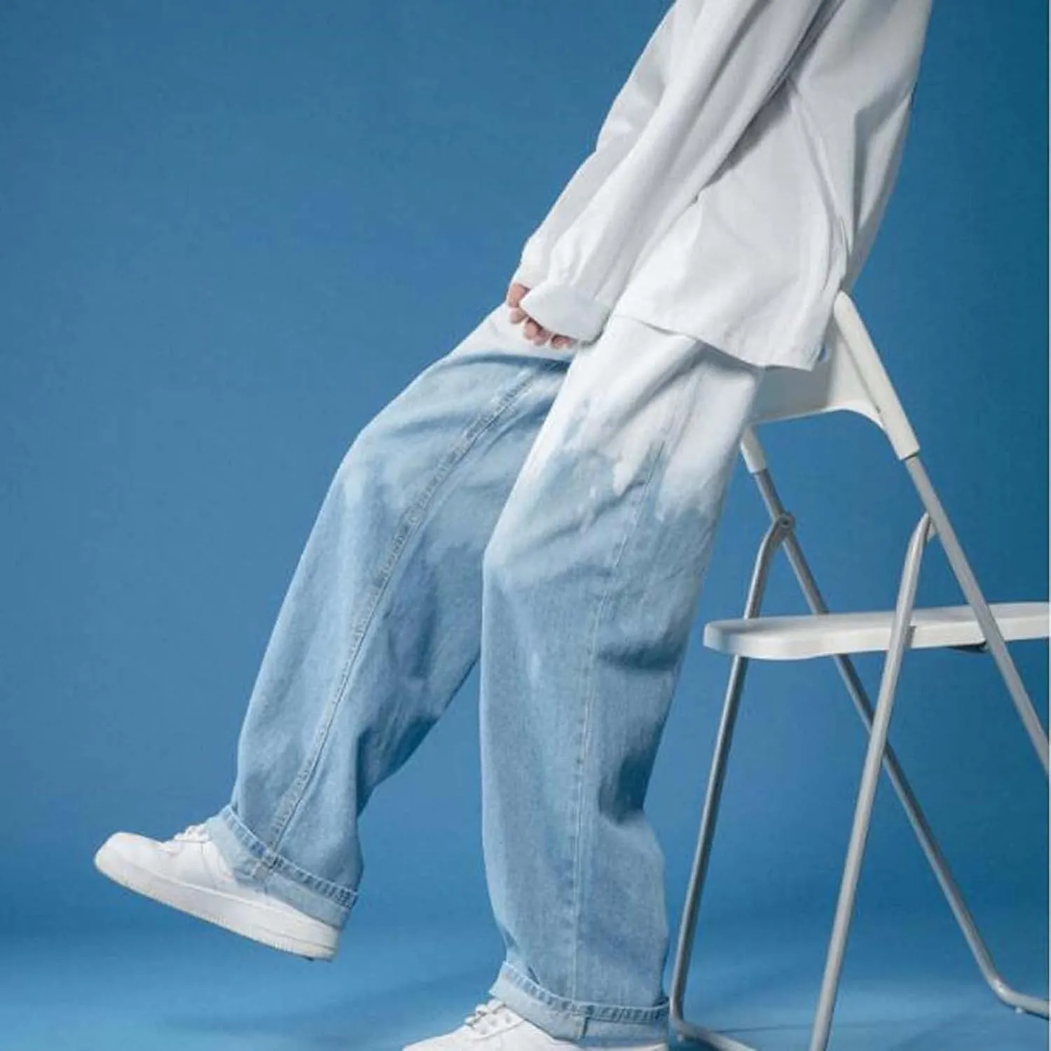Mens Fashion Baggy Jeans Loose Fit Straight Wide Leg Denim Pants Relaxed Fit Trousers Streetwear