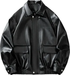 Mens Oversized Leather Jackets Zip Up Faux Bomber Jacket 90s Vintage Biker Racing Moto Jacket Coat with Pockets