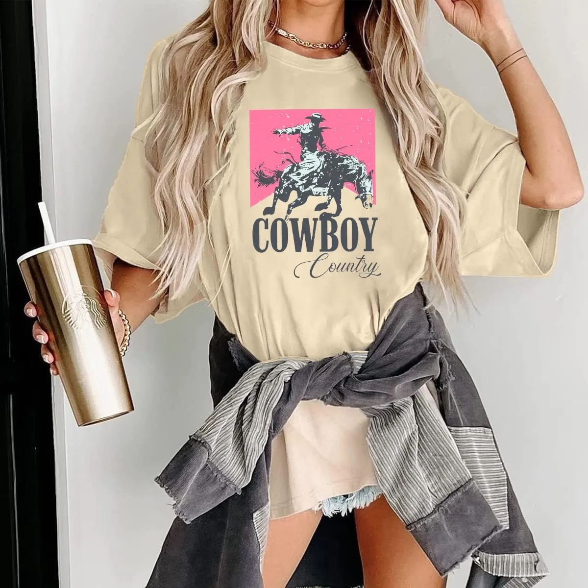Oversized Cowboy Country Shirt Women: Cowgirl Country Music Shirt Rodeo Graphic Tee Casual Loose Western Top