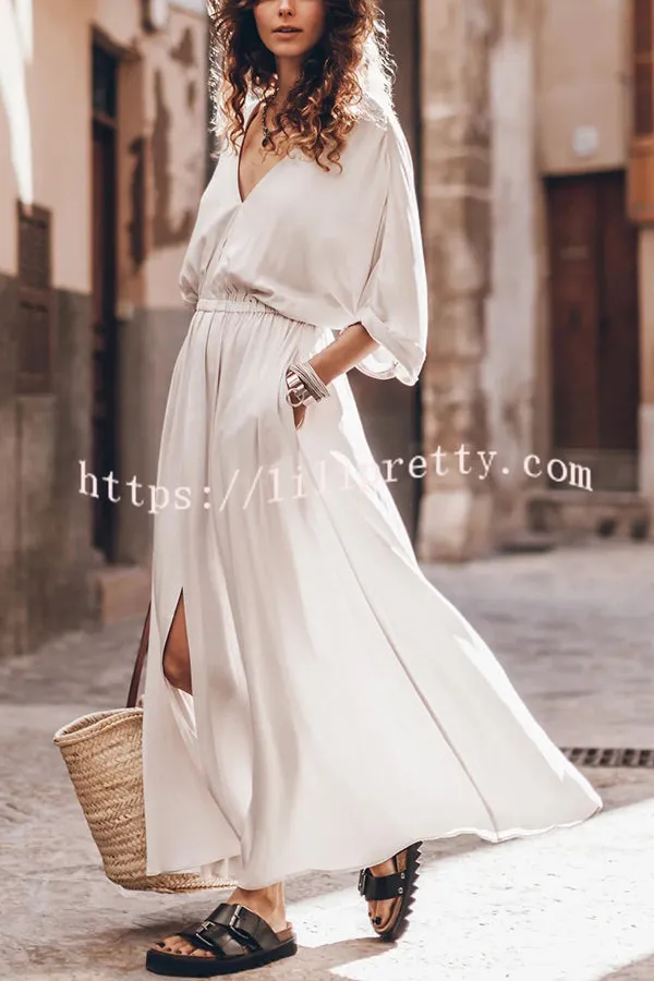 Soft and Elegant Kimono Sleeve Stretchy Waist Pocketed Slit Maxi Dress