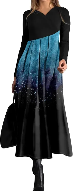 Spring Dresses for Women 2025 Midi V Neck Long Sleeve Flowy Work Casual Ladies Cruise Fitted Dress