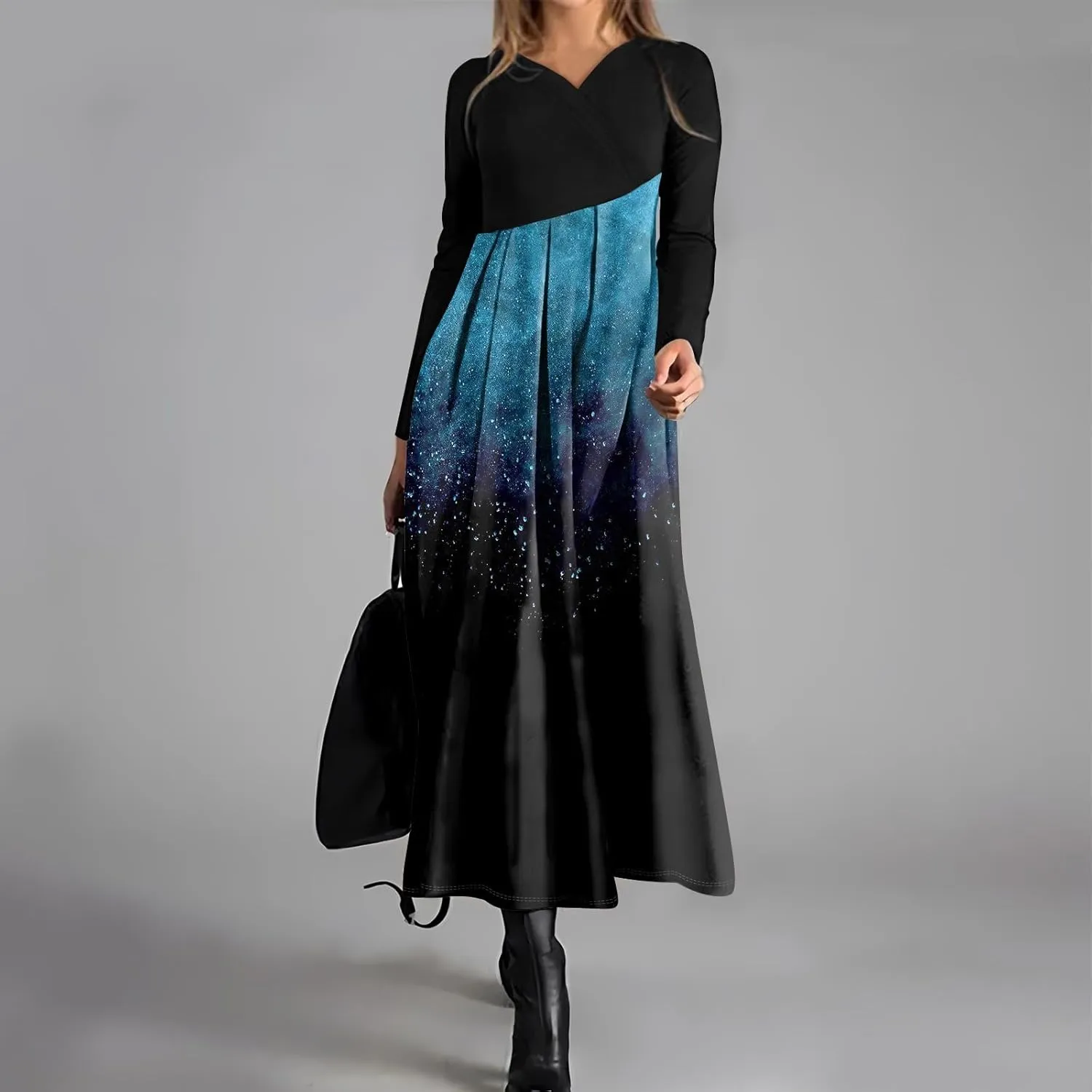 Spring Dresses for Women 2025 Midi V Neck Long Sleeve Flowy Work Casual Ladies Cruise Fitted Dress