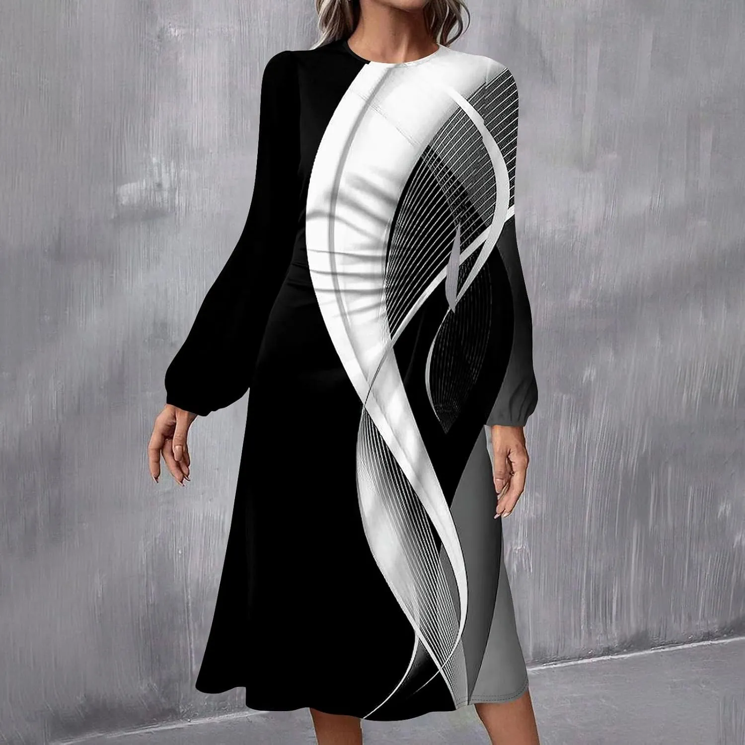 Spring Dresses for Women 2025 O Neck Long Sleeve Midi Flowy Teens Elegant Work Dressy Fitted Dress