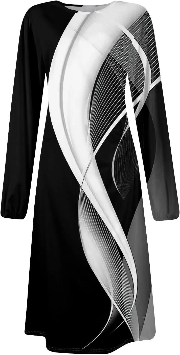 Spring Dresses for Women 2025 O Neck Long Sleeve Midi Flowy Teens Elegant Work Dressy Fitted Dress