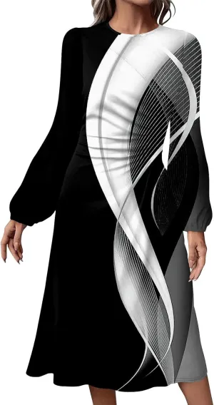 Spring Dresses for Women 2025 O Neck Long Sleeve Midi Flowy Teens Elegant Work Dressy Fitted Dress