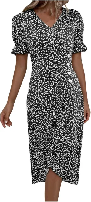 Summer Dresses for Women 2025 Fashion Floral Print V Neck 3/4 Sleeve Dress High Waist Boho Dresses Wrap Maxi Dress