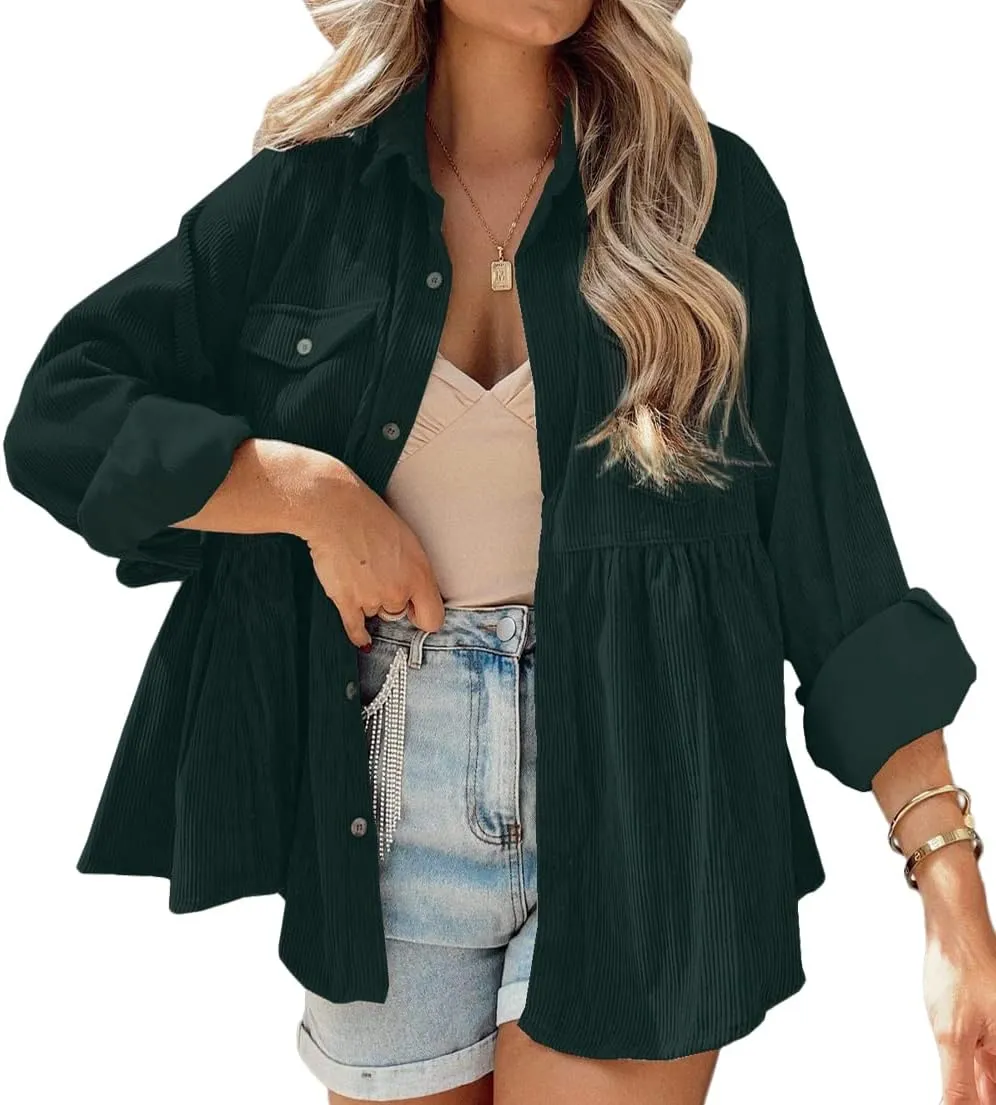 Womens Corduroy Peplum Shirts Tops Cute Long Sleeve Button Down Blouses with Pockets